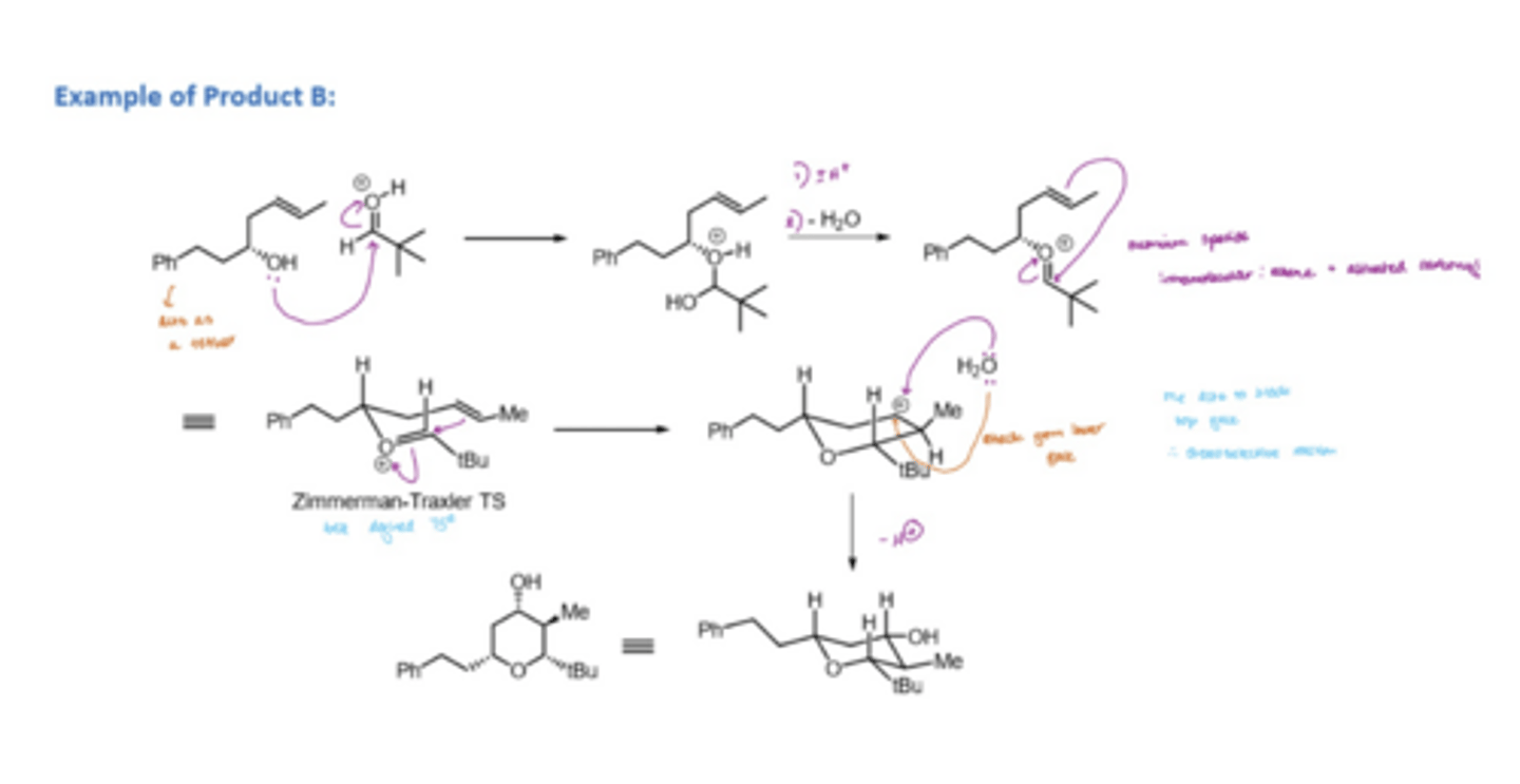<p>forms an oxonium species which undergoes the prins reaction</p><p>the attack of water from the least sterically hindered face</p>