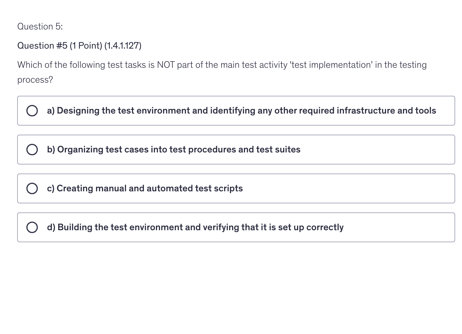 <p>Which of the following test tasks is NOT part of the main test activity 'test implementation’ in the testing process?</p>