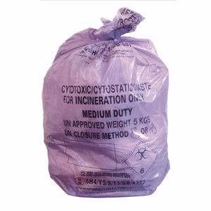 <ul><li><p>Waste including: anything contaminated with cytotoxic or cytostatic pharmaceuticals </p></li><li><p>Internal disposal → sharps bin with purple lid, yellow bag with purple stipes or purple bag </p></li><li><p>External disposal → high temperature incineration </p></li></ul><p></p>