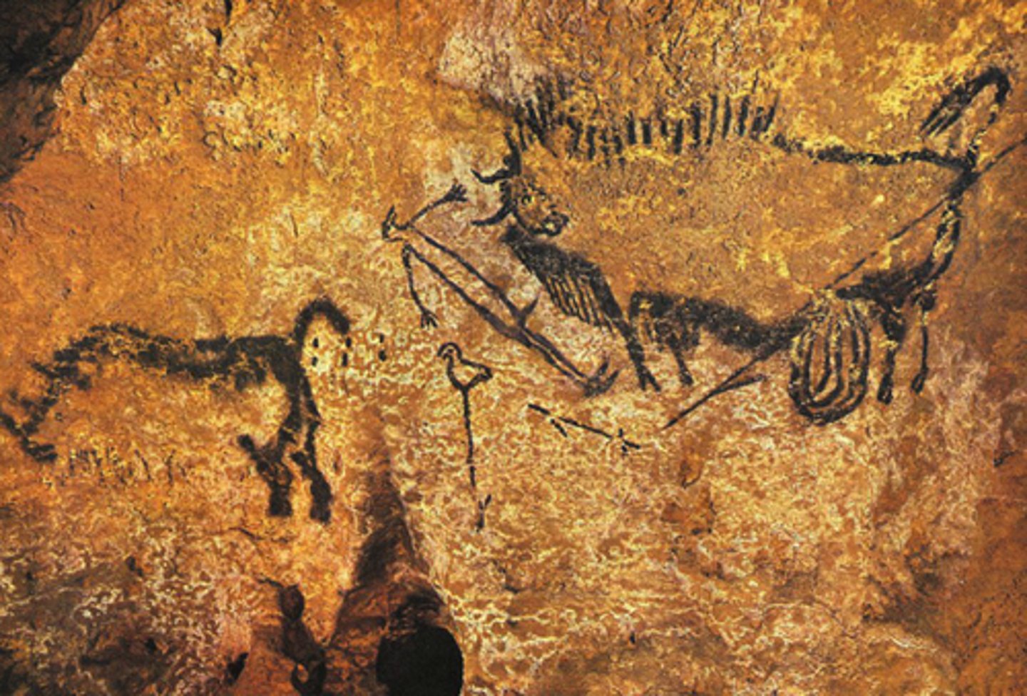 <p>Lascaux, France. Paleolithic. Usually only animals, but man shown, perhaps with bird mask. Disemboweled bison. Perhaps early signs of narrative art, perhaps spiritual?</p>