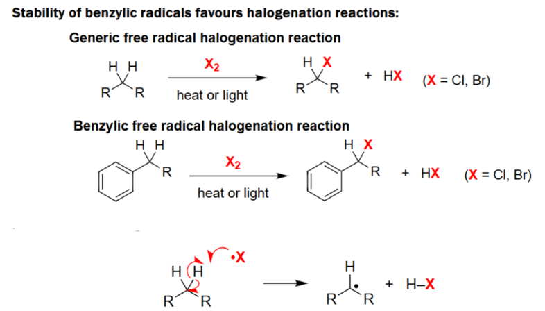 <ul><li><p>Generic free radical halogenation reaction.</p></li><li><p>Reacts with a halogen (X<sub>2</sub>) along heat or light.</p></li><li><p>Proceeds via hydrogen abstraction to form a free radical.</p></li></ul><p></p>