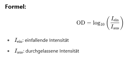 <p><strong>Optische Dichte (OD):</strong> </p><ul><li><p>Maß für die <strong>Lichtabsorption</strong> eines Filters (z. B. Laserschutzbrille)</p></li><li><p>Gibt an, <strong>wie stark</strong> die Intensität der Laserstrahlung <strong>abgeschwächt</strong> wird.</p></li></ul><p></p><p><strong>Beispiel – Unterschied OD 4 vs. OD 7:</strong> </p><ul><li><p><strong>OD = 4:</strong> Dämpfung um den Faktor <strong>10⁴ = 10.000</strong></p></li><li><p><strong>OD = 7:</strong> Dämpfung um den Faktor <strong>10⁷ = 10.000.000</strong></p></li></ul><p> </p><p>→ <strong>OD = 7 bietet 1000× mehr Schutz</strong> als OD = 4</p><p></p>