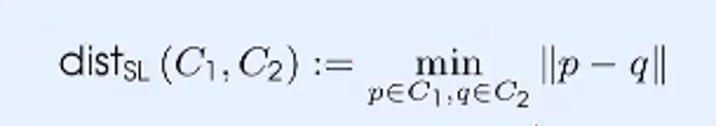 <p>Defines distance between two clusters as the shortest distance between points from one cluster to another</p>