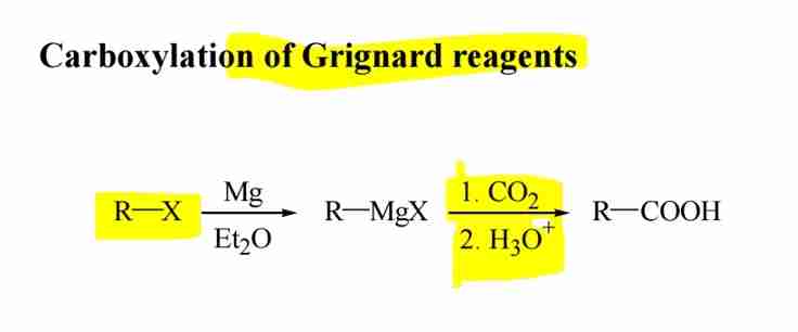 <p>Reaction of Grignard reagents with CO2 followed by acidification forms carboxylic acids.</p>