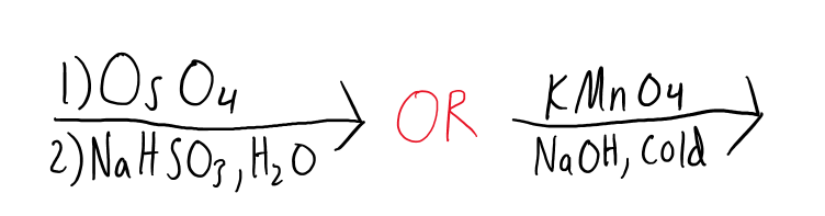 <ul><li><p>OH and OH are added</p></li><li><p>syn addition</p></li><li><p>Has En</p></li></ul><p></p>
