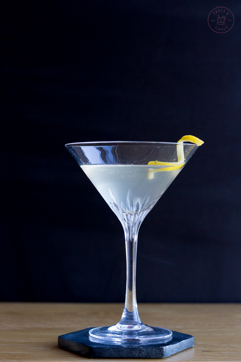 <p>martini, 2 oz gin, 0.5 oz vodka, 0.25 oz Lillet Blanc, garnished with lemon twist, served straight up (shaken)</p>
