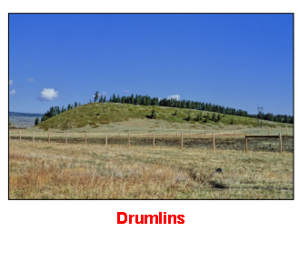 <p><span style="color: rgb(255, 255, 255);"><br>• Drumlins </span>Elongated hills of glacial till, shaped by moving ice.</p>