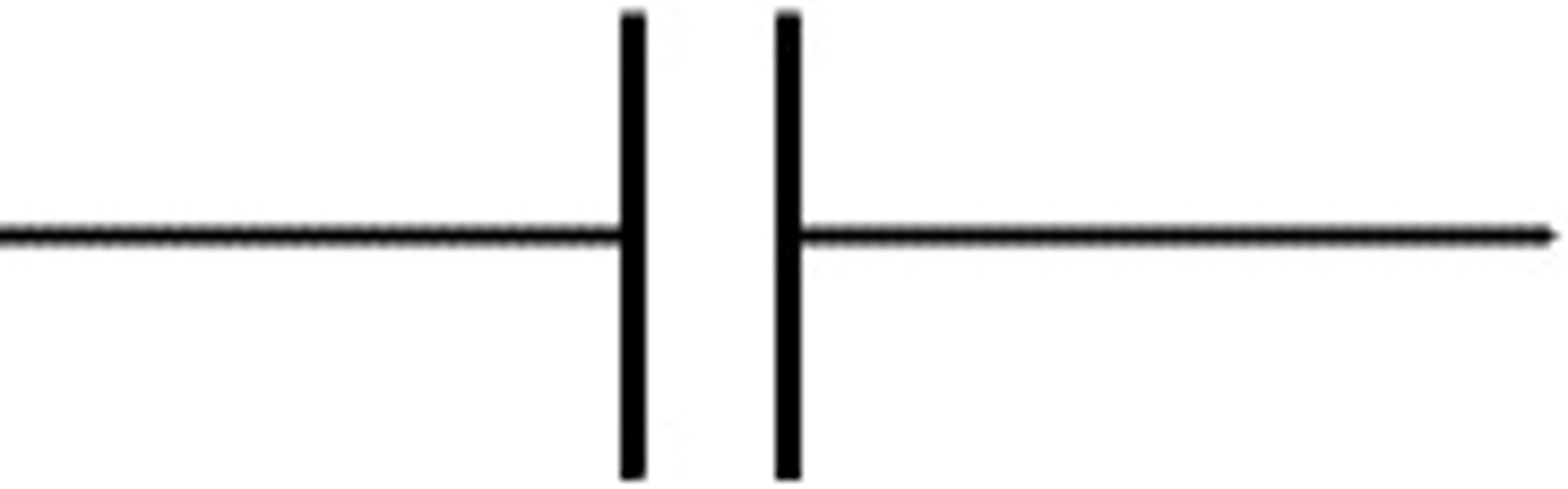 <p>a component that stores up electricity and releases it at particular intervals. (used as parts of electrical circuits in many common electrical devices)</p>