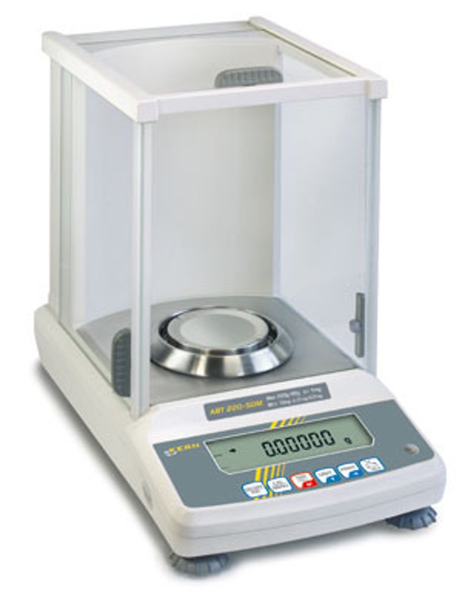<p>An electronic digital balance that can measure mass of a sample to 0.001 g. The sliding glass walls and ceiling are there to minimize any breezes that can affect the mass reading.</p>