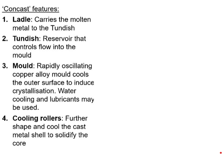 <ul><li><p>used to produce large scale slabs </p></li><li><p>continuously pouring and solidifying molten metal into desired shape </p></li><li><p>have to be post processed - hardened, worked, formed </p><p></p></li></ul><p></p>