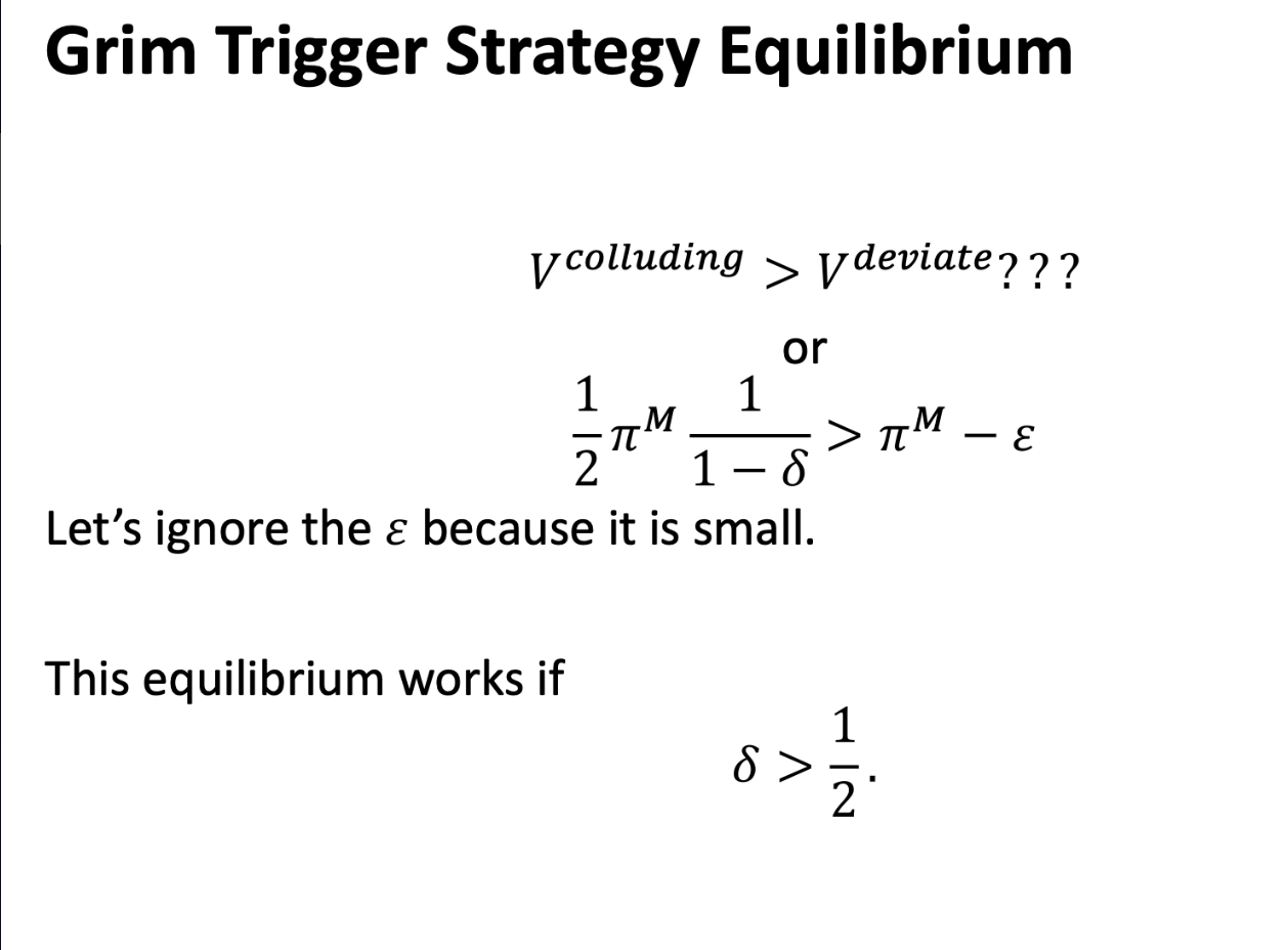 <p>Now the sellers care more about just today’s profit.<br>• There is a lot more at stake.<br>• They have more “tools” to choose from. [Larger strategy space.]<br>• They can “monitor” each other. [History of prices.]</p>