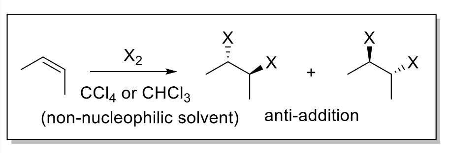 <ul><li><p>When bromination reaction performed in NUCLEOPHILIC solvent such as H<sub>2</sub>O or ROH, the bromination is “captured”  by the solvent</p></li><li><p>Result: anti-addition of X and OH/OR</p></li></ul><p></p>