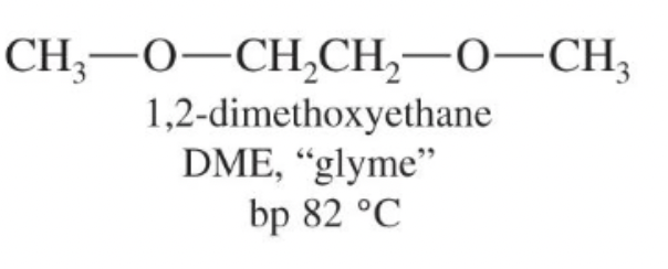 <p>Linear diether (CH3OCH2CH2OCH3); polar aprotic solvent able to solvate cations. </p>