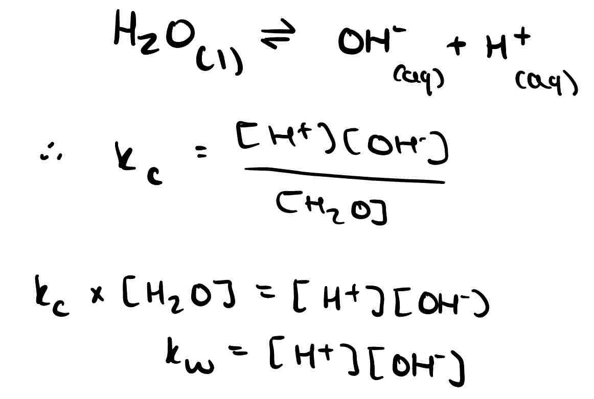 <p>The ionic product of water. Water only dissociates a little, so the equilibrium is over to the left and there are so few ions that the concentration of water is considered constant. </p>