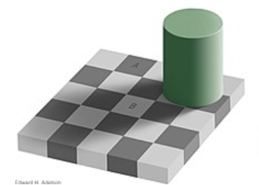 <p>the squares A and B are exactly the same shade of gray. </p><p>why does B look lighter?</p>