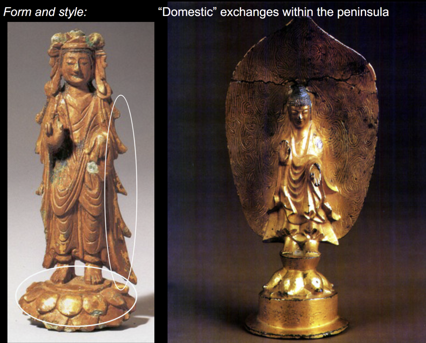 <ul><li><p>c.372 - Paekche king interaction with eastern jin dynasty</p></li><li><p>Also contact with Yamato rulers of japan</p></li><li><p>Buddhism: Seeking for benefits in current life and future aristocratic lives</p></li><li><p>Early 6th century: King Muryong tomb</p></li><li><p>Bodhisattva with similar mudra and jaggedy silhouette as golden koguryo bodhisattva</p></li></ul><p></p>