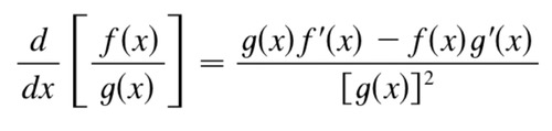 (f/g)'(x) =
g(x)*f'(x) - f(x)*g'(x) / [g(x)]^2