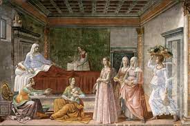 <p>Domenico Ghirlandaio</p><p>the birth of john the baptist</p><p>tornabuoni chapel </p><p>santa maria novella </p><p>florence, fresco</p>