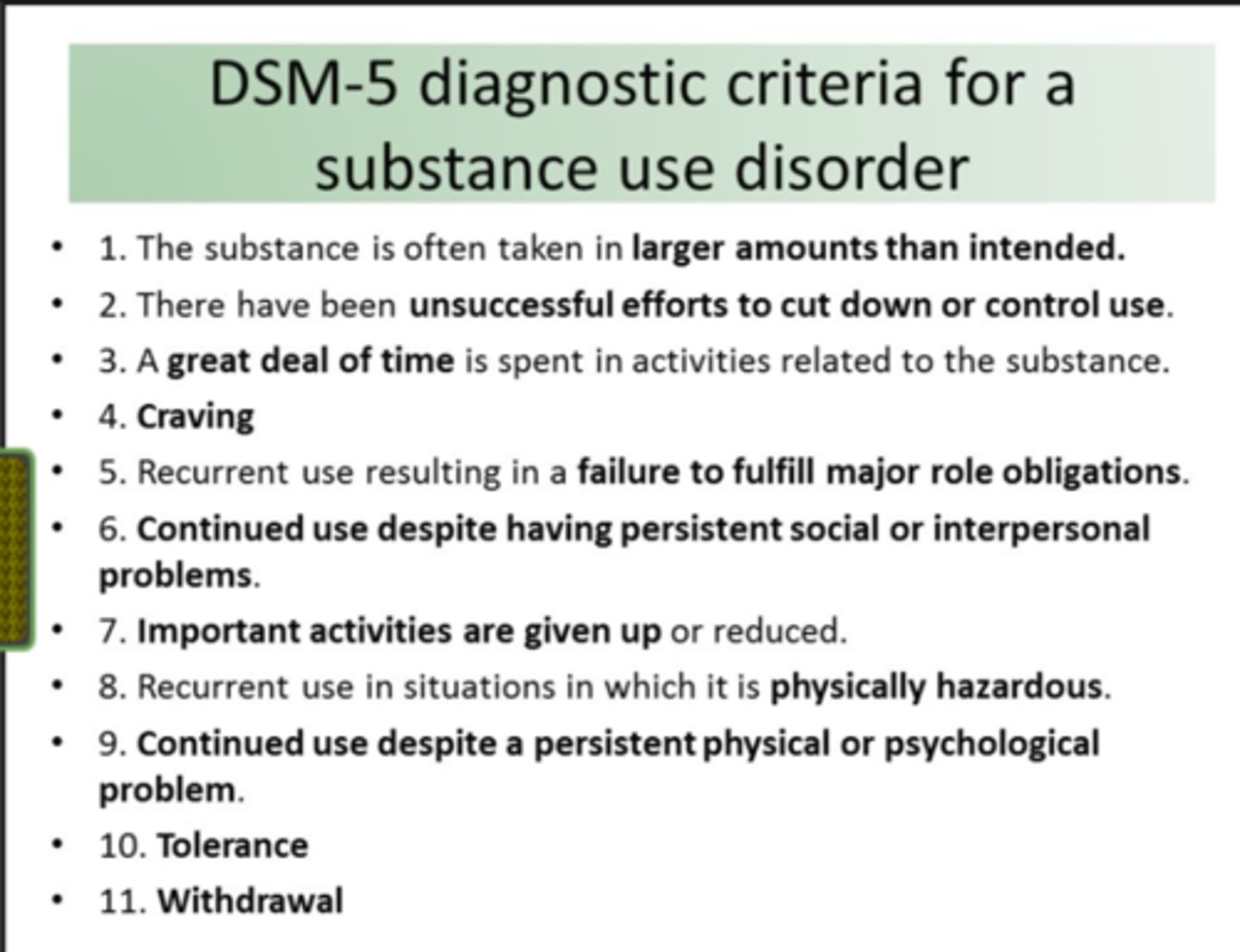 <p>• D: dangerous use of substance</p><p>• RI: Role Impairment</p><p>• N: No respect for the law</p><p>• K: keeps drinking in spite of social/interpersonal problems</p>