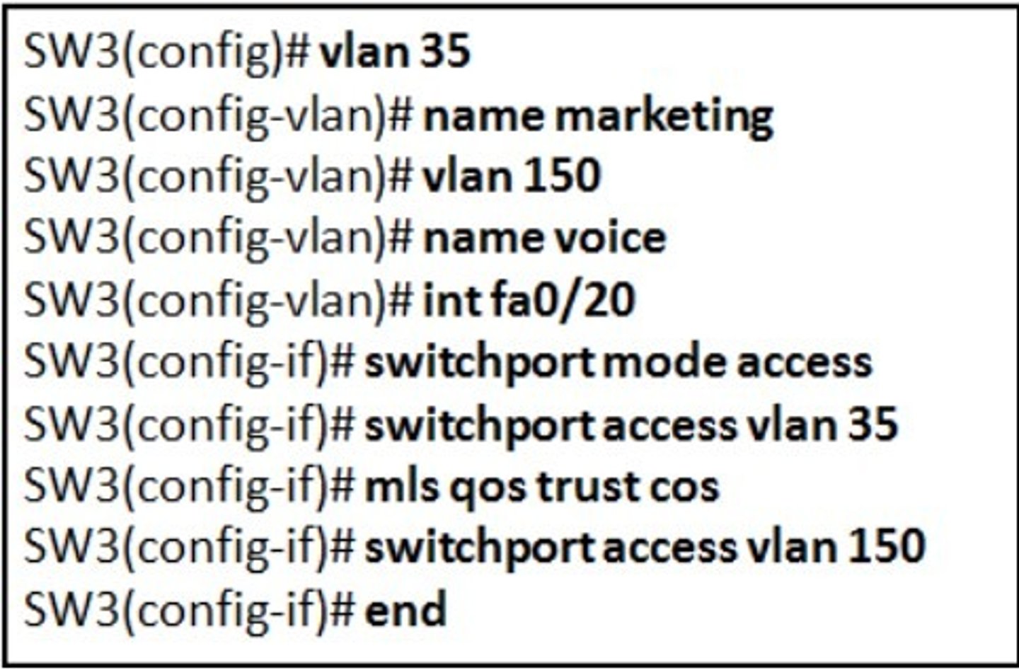 <p>Refer to the exhibit. A technician is programming switch SW3 to manage voice and data traffic through port Fa0/20. What, if anything, is wrong with the configuration?</p><p>- There is nothing wrong with the configuration.</p><p>- Interface Fa0/20 can only have one VLAN assigned.</p><p>- The mls qos trust cos command should reference VLAN 35.</p><p>- The command used to assign the voice VLAN to the switch port is incorrect.</p>