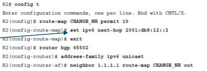 <p>create a route map on the advertising router (R2) that changes the next hop to a valid IPv6 address on R2 and attach it to the neighbor statement</p>