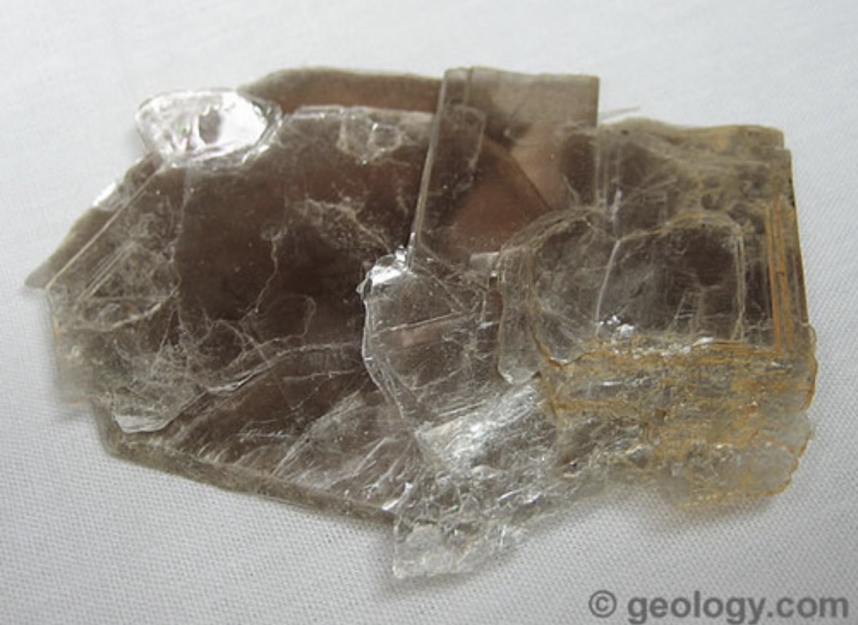 <p>Mica group, colorless streak, thin/flexible sheets, vitreous to pearly luster. Colorless/light yellow. Common in granites, gneiss, and schists. Very resistant to weathering. Common in sand fractions and clay.</p>