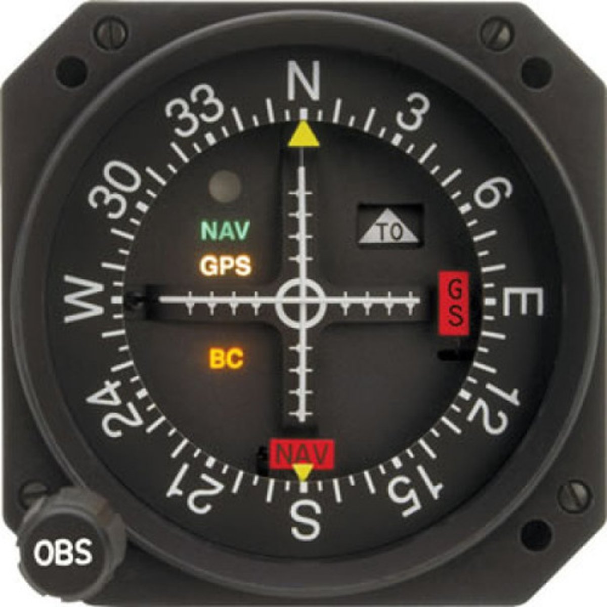 <p>This instrument indicates if the airplane is off course when tracking the radio station tuned with the NAV1 radio. It also has a glide slope indicator (horizontal bar) used when making precision approaches to an airport in bad weather</p>