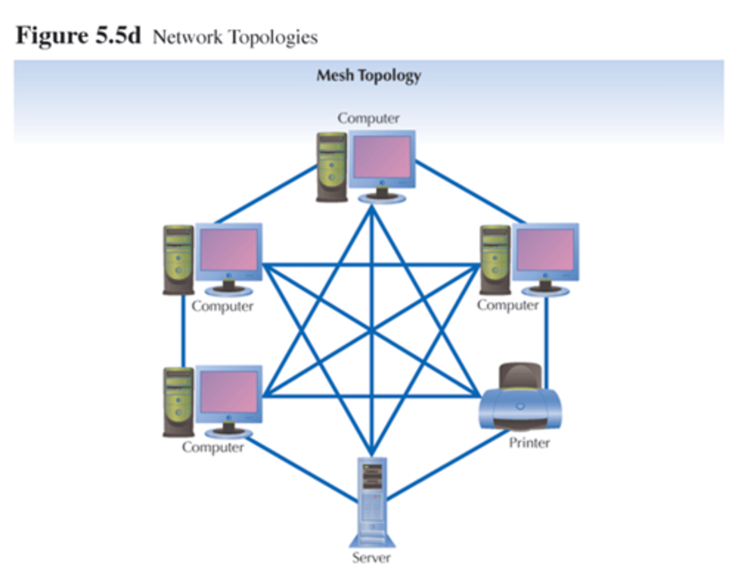 <p>Every device is connected to every other device. This type enables redundancy while also introducing more network traffic</p>