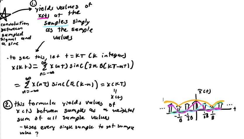 <p>x(t) = xbar(t)*h(t) = sum of - infinity to infinity of x(nT)*sinc(2piB(t-nT)) → interpolation formula</p>