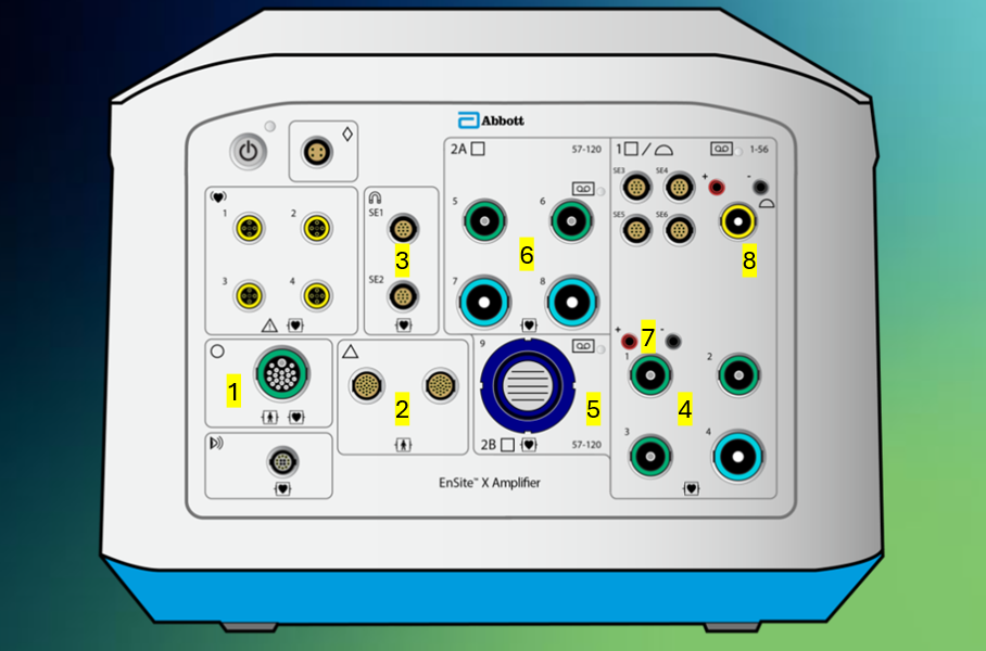 <ol><li><p>SurfaceLink Port where the SurfaceLink houses the locating electrodes, 12-lead, RL, and ECG electrodes → enable current to be sent to locating electrodes, and ECG and EGM data to be sent to Ensite X and recording system</p></li><li><p>PRS ports (interchangeable) for magnetic field</p></li><li><p>SE ports for SE ablation catheters</p></li><li><p>Bank 1, green supports &lt;/= 10 electrodes, blue supports 11-22 electrodes or 20-pin CIM. Channels 1-56</p></li><li><p>Bank 2B for 80-pin CIM, only use channels 57-120. Can’t use if Bank 2A is in use</p></li><li><p>Bank 2A, green supports &lt;/= 10 electrodes, blue supports 11-22 electrodes or 20-pin CIM. Channels 57-120. Can't use if Bank 2B is in use</p></li><li><p>Stimulator connection ports to connect a pacing stimulator</p></li><li><p>Ampere Connect connection. Connects to back of Ampere Generator. Passes along catheter location and EGM data. Channels 53-56 in Bank 1</p></li></ol><p></p>