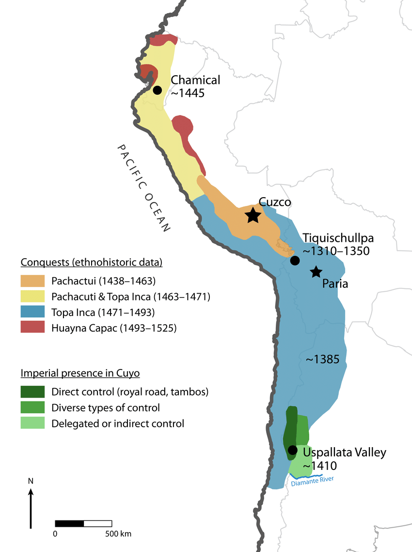 <p>The largest imperial state in the Western Hemisphere from 1438 to 1533, stretching about 2,500 miles along the Andes mountains and containing about 10 million subjects during its short life. -Incorporated lands and cultures of earlier Andean civilizations -More bureaucratic and intrusive empire as opposed to the Aztecs, who largely left their people alone if their contributions were satisfactory -At the top reigned the emperor -Machu Picchu -The Incas required their subject peoples to acknowledge major Inca deities, but the peoples were free to carry on with their religious traditions -A form of labor that contributed toward the Inca Empire, known as &quot;mita&quot;, was required periodically from every household -Gender parallelism: when both genders have their own distinct roles that also complement each other; &quot;men broke the ground, women sowed, and both enjoyed the harvest&quot;</p>