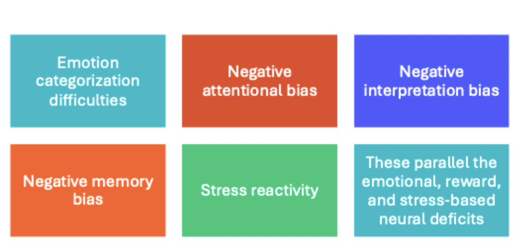 <p>Focuses on <strong><mark data-color="green" style="background-color: green; color: inherit;">i</mark><mark data-color="purple" style="background-color: purple; color: inherit;">nternal emotional processes, cognitive patterns, and learned behaviors</mark></strong><mark data-color="purple" style="background-color: purple; color: inherit;"> tha</mark>t contribute to mood disorders.</p><ul><li><p>Psychological theories <mark data-color="yellow" style="background-color: yellow; color: inherit;">highlight how people interpret loss, manage self-esteem, and respond to stressors.</mark></p></li><li><p><strong><mark data-color="blue" style="background-color: blue; color: inherit;">Cognitive and emotional vulnerabilities</mark></strong><mark data-color="blue" style="background-color: blue; color: inherit;">—like rumination</mark><strong><mark data-color="blue" style="background-color: blue; color: inherit;">, negative self-beliefs, or </mark><mark data-color="#610094" style="background-color: rgb(97, 0, 148); color: inherit;">impaired reward processing (anhedonia)</mark></strong><mark data-color="blue" style="background-color: blue; color: inherit;">—play a major role in why symptoms appear and persist.</mark></p></li><li><p>Treatments target <strong><mark data-color="red" style="background-color: red; color: inherit;">thoughts, coping skills, and behavioral activation.</mark></strong></p></li></ul><p></p>