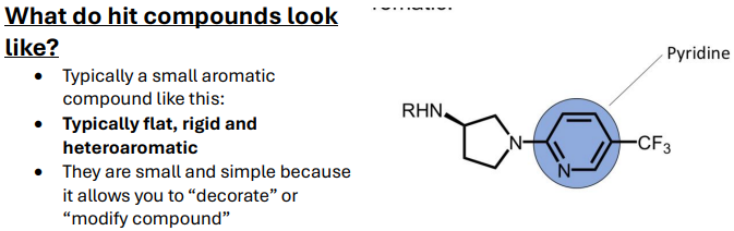 <p><strong><u>SIMPLE </u></strong><u>for modification:</u></p><ul><li><p>Small</p></li><li><p>Flat</p></li><li><p>Rigid</p></li><li><p><strong>Heteroaromatic </strong>compounds</p></li></ul><p></p>