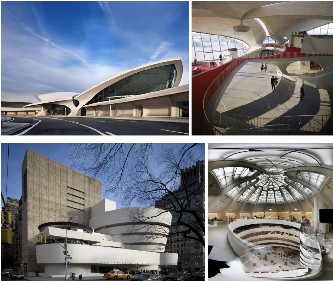 <ul><li><p><span>association with the organic world, emphasizing the lightness and immateriality of structures</span></p></li><li><p><span><strong>TWA Terminal, JFK International Airport by Eero Saarinen</strong></span></p></li><li><p><strong>Solomon Guggenheim Museum in New York by Frank Lloyd Wright</strong></p></li></ul><p></p>