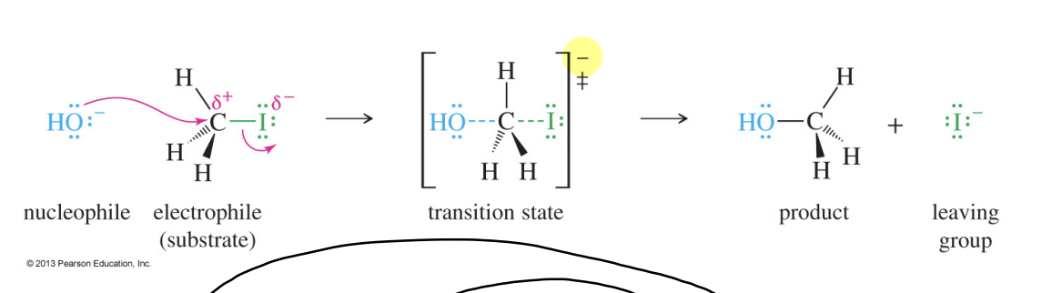 <p>A bimolecular nucleophilic substitution that occurs in a single concerted step with backside attack, second-order kinetics, and inversion of configuration.</p>