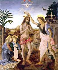 <p>andrea del verrocchio and leonardo da vinci </p><p>the baptism of christ </p><p>tempera and oil on panel</p>