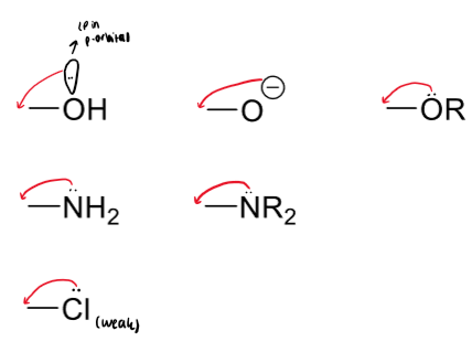 <p>electron donating groups (EDG)</p><p>these are forming double bonds with the atom the electrons are being donated to</p>