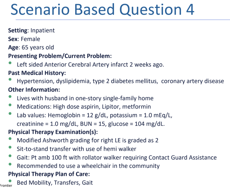 <p>Practice Question 4.1</p><p>Which of the following is the BEST interpretation based on the grade on Modified Ashworth Scale?</p><p>A. More marked increase in muscle tone through most of ROM however affected parts difficulty to move</p><p>B. More marked increase in muscle tone through part of ROM however affected parts easily moved</p><p>C. Considerable increase in muscle tone as it difficult to perform passive movements</p><p>D. More marked increase in muscle tone through most of ROM however affected parts easily moved</p>