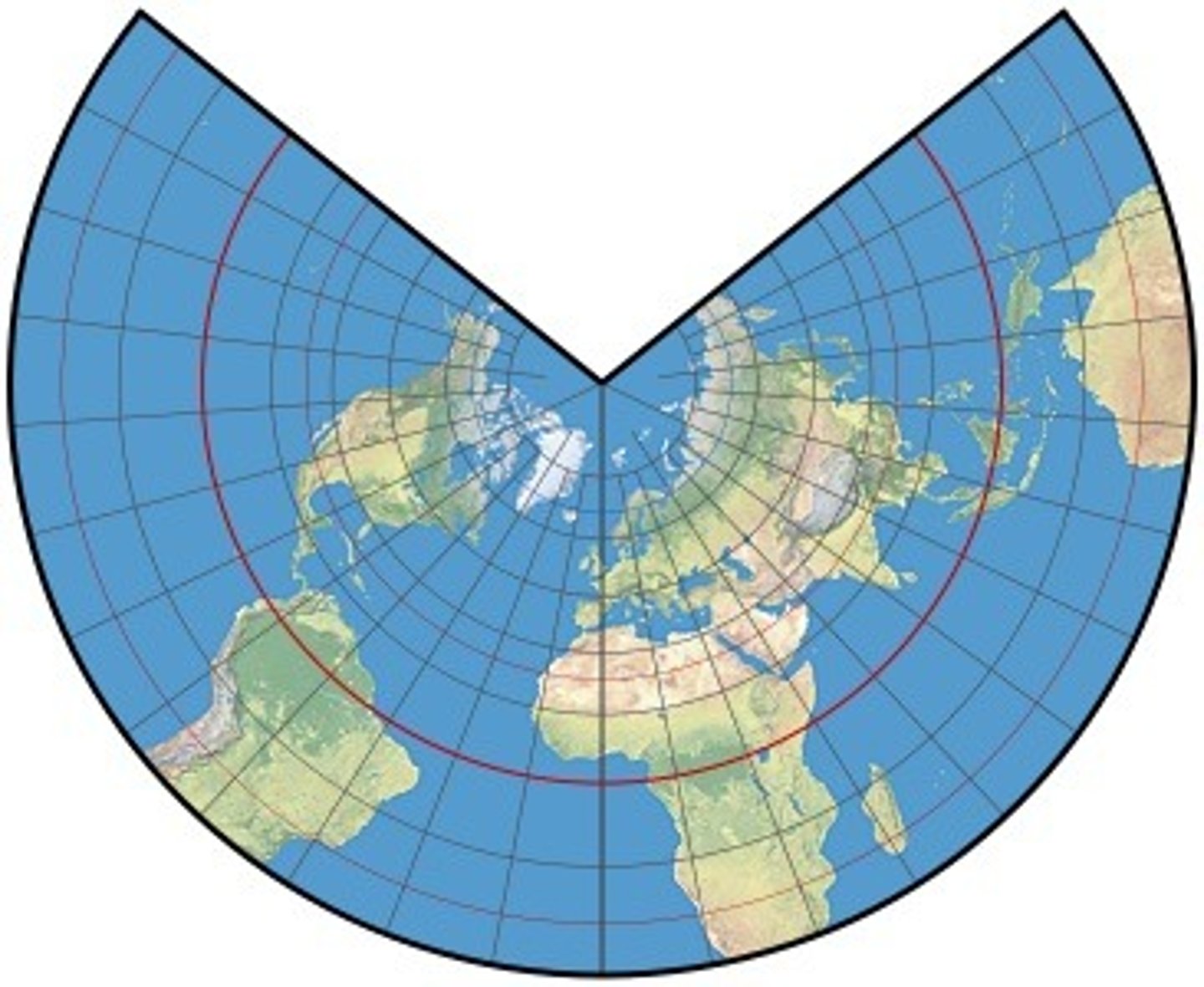 <p>cone intersecting the ellipsoid along 2 standard parallels (most distortion from North to South)</p>