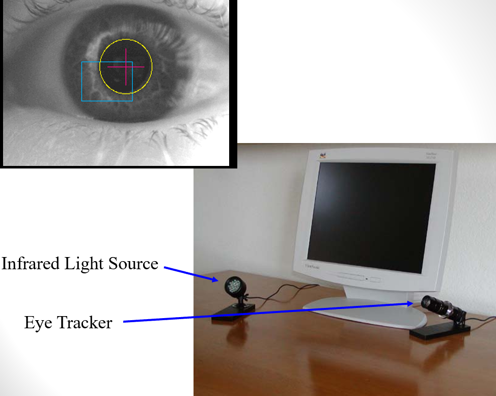 <p>Gathering visual info</p><p>______________ - E<strong>ye trackers have been used to measure the movements of the eye.</strong></p><p><strong>Areas of Research:</strong></p><ul><li><p>Perception</p></li><li><p>Attention</p></li><li><p>Processing facial features</p></li><li><p>Reading</p></li></ul><p><strong>Eye Trackers:</strong></p><ul><li><p>Light source (infrared)</p></li><li><p>Camera/sensor</p></li></ul><p></p>