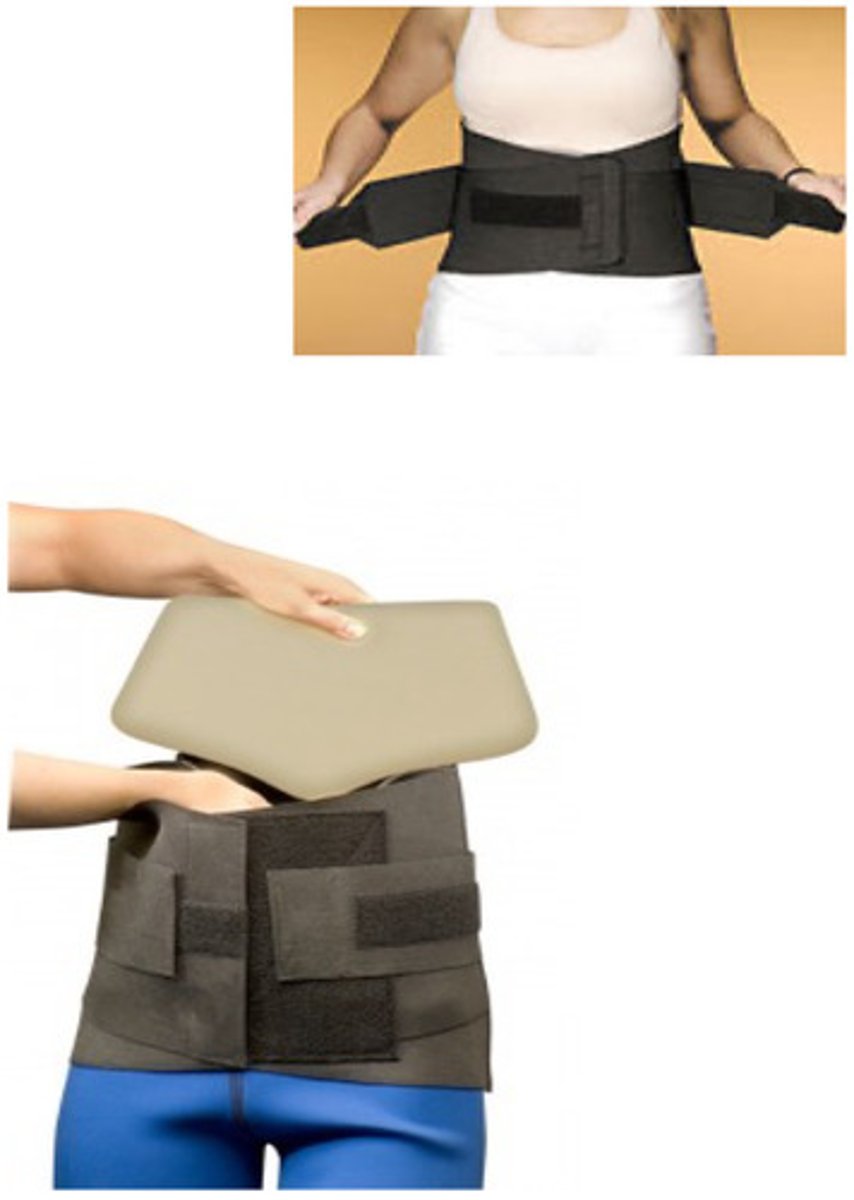 <p>corset with rigid posterior panel (L1-L5)</p><p>compression</p><p>removable stays</p><p>biomechanical capacity</p><p>limits lumbar EXT/lordosis</p><p>increases intercavitary pressures</p><p>cannot immobilize spine</p>