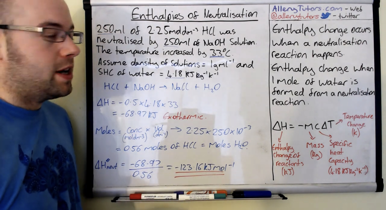 <p>Formula =</p><p>Delta H = -m x c x change in temperature </p><p>Add the volumes as they are equal to mass and divide by 1000</p><p>Use 4.18</p><p>Use temperature</p><p>Gives you value which is enthalpy of reaction</p><p>Work out moles of water using moles= conc x volume</p><p>Moles of acid is = moles of water</p><p>Enthalpy value/moles of water = enthalpy of neutralisation</p><p></p>