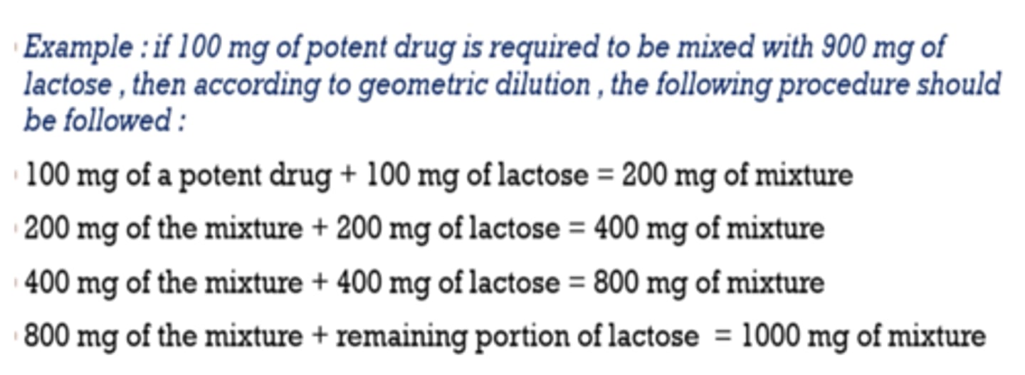 <p>1. potent drug is initially placed on a roughly equal volume of diluent in a mortar, and gently mixed through trituration</p><p>2. Second portion of diluent, equal in volume to the powder mixture in the mortar is added, trituration is repeated</p><p>3. The procedure continues, with additional diluent added in amounts equal to the mixture's volume in the mortar at each step, until all the diluent is fully incorporated</p><p>- used for making tablets</p>