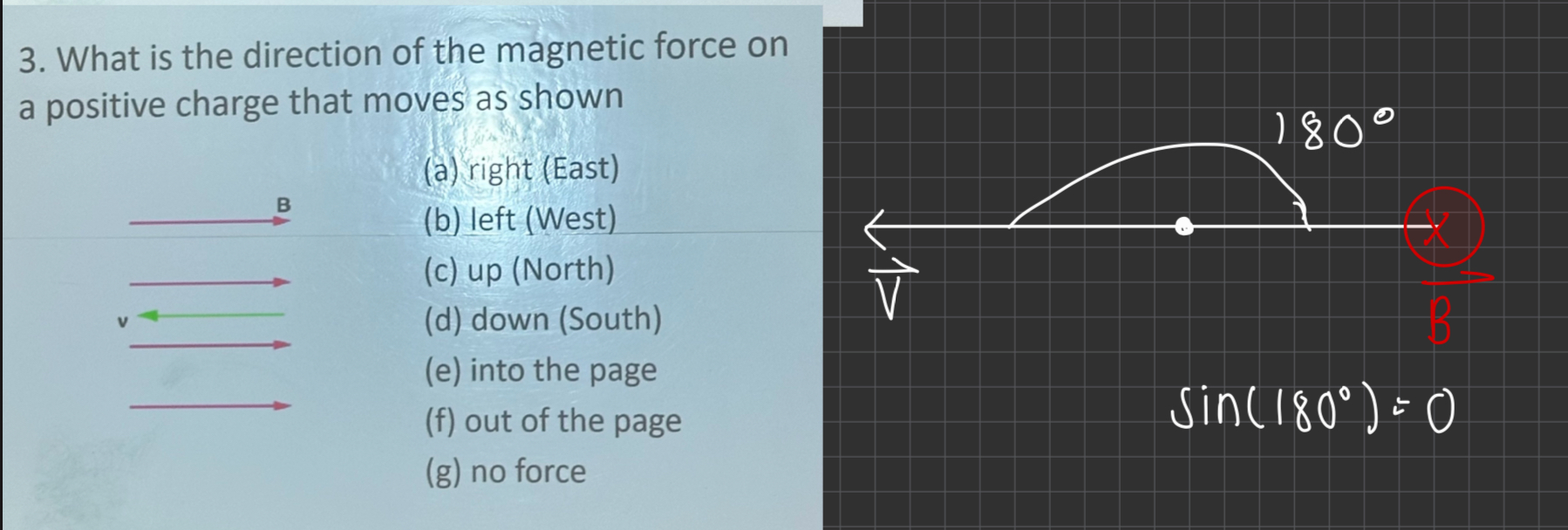 <p>What is the direction of the magnetic force on a positive charge that moves as shown?</p>