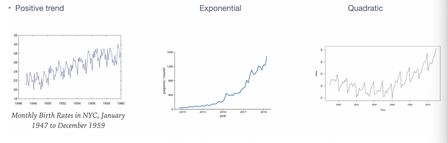 Exists when there is “movement” (long-term increase or decrease) in the data; there should be an increasing or decreasing slope in your time series

Note: a trend does not have to be linear, it could be quadratic for example
