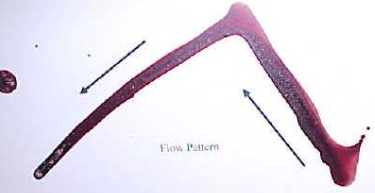 <p>A change in shape and direction of a bloodstain due to the influence of gravity or movement of the object.</p>