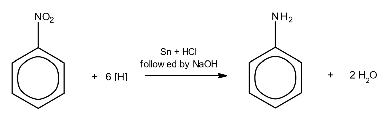 <p>react with Sn and HCl, followed by NaOH</p>