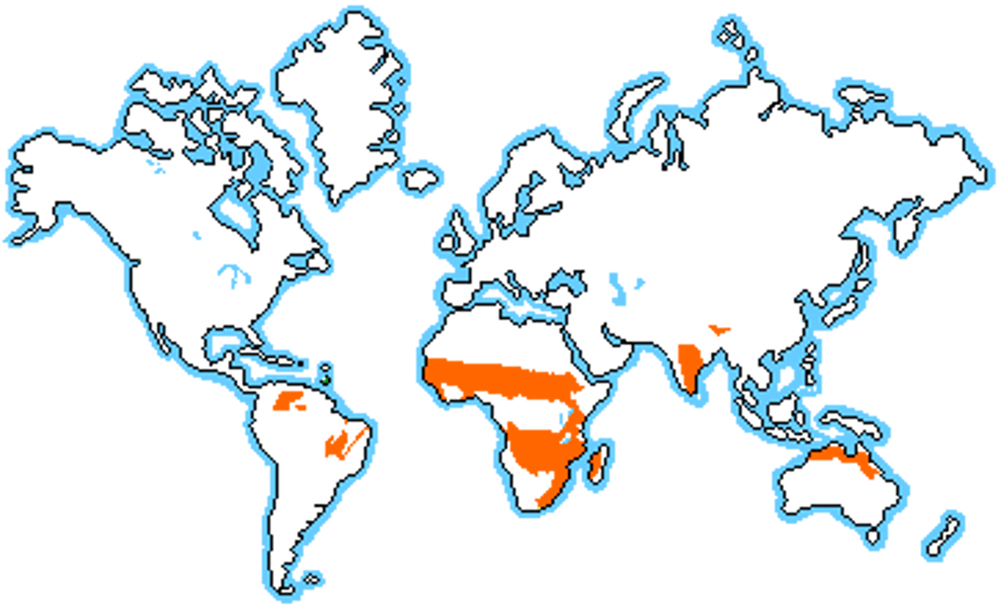 <p>parts of Africa, India, Australia, & South America.</p>