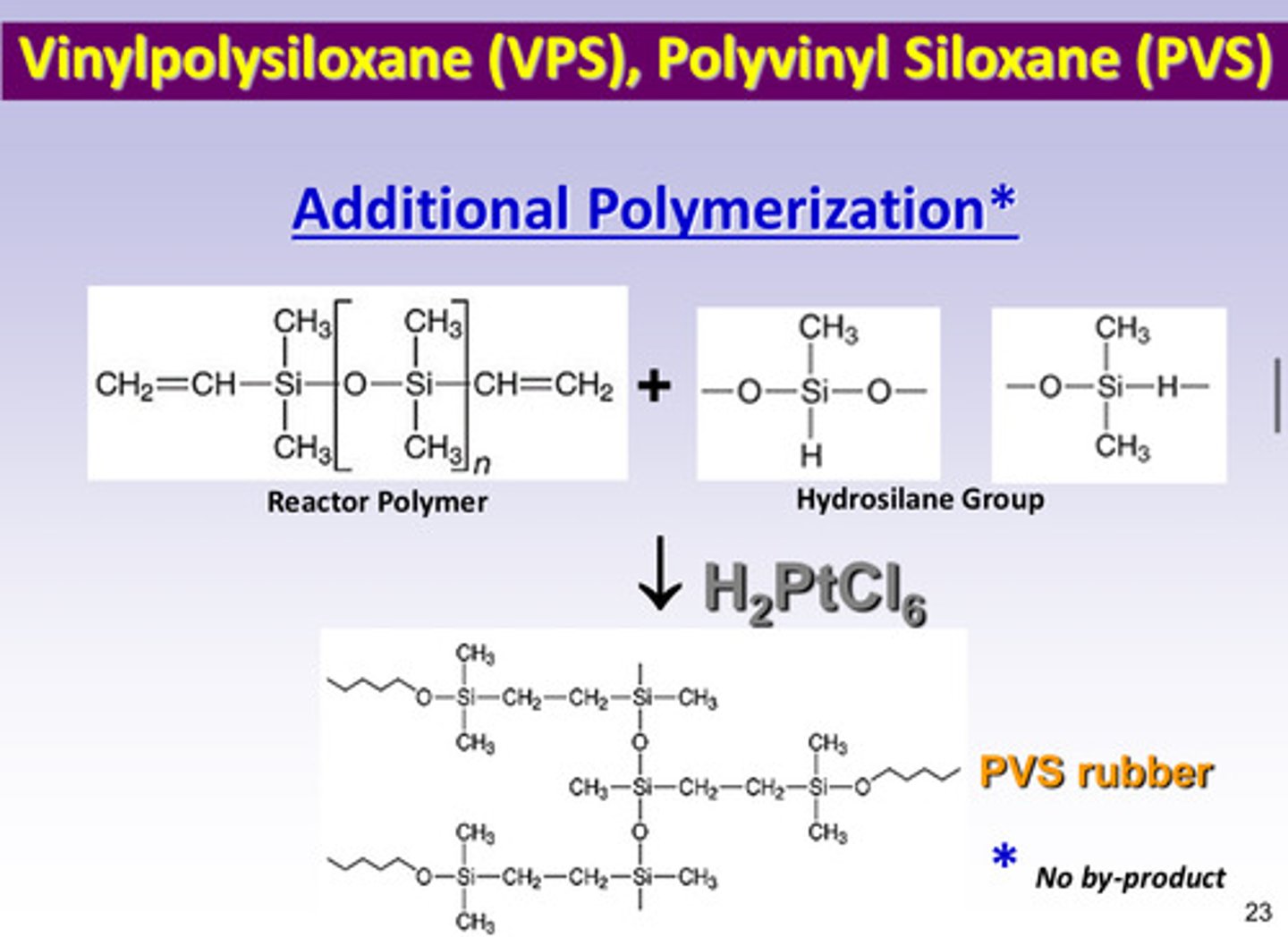 <p>addition polymerization (product is PVS rubber with no by product)</p>
