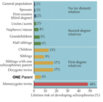 <p>odds of developing it increase if one has a relative with it - odds go up as relative gets closer (highest concordance in identical twin and both parents having it [~50%])</p><ul><li><p>strong genetic component but altered genes are not the only cause</p></li><li><p>various genes associated with schizophrenia</p></li></ul><p></p>